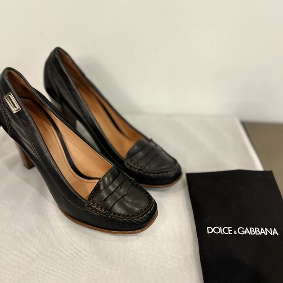 Authentic Vintage Dolce & Gabbana Black Leather Loafer Block Heels - Picture 1 of 12